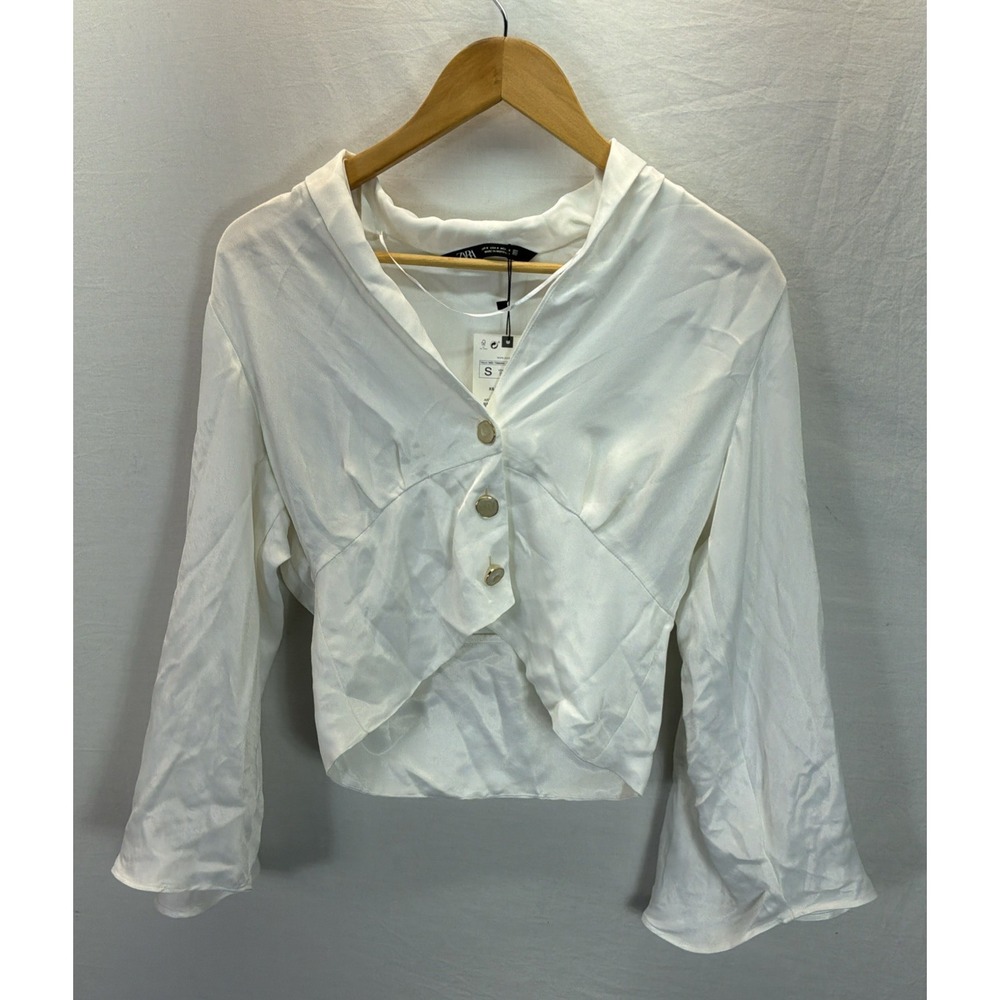 New Zara White V Neck Bell Sleeve Satin 3 Button Asymmetrical Crop Hem Sz S